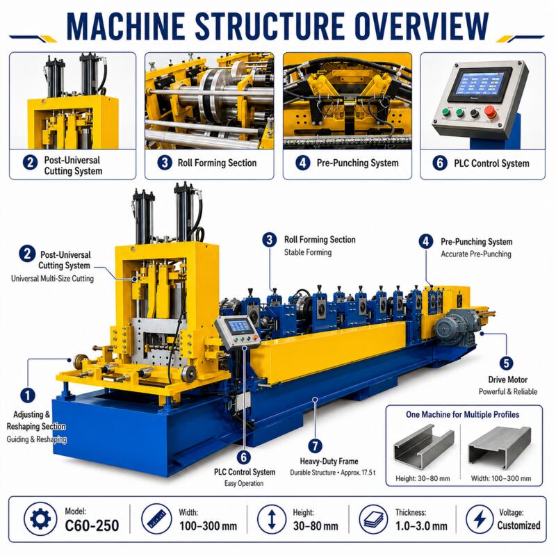 Structure of automatic CZ purlin roll forming machine with PLC control
