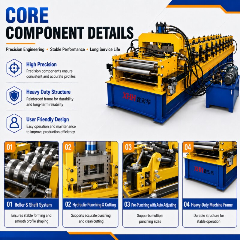 Purlin roll forming machine rollers, hydraulic punching and cutting component illustration